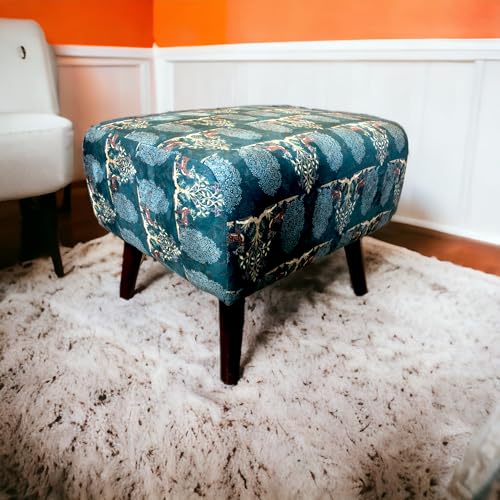 Image of The Artage Puffy Stool for Living Room Sitting Printed Premium Foam Cushioned Pouffe Ottoman for Foot Rest Stool for Home Decor Furniture with 4 Wooden Legs (Floral) (Forest Green)
