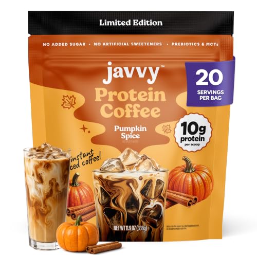 Image of Javvy Protein Coffee for Cold Brew & Iced Coffee, Pumpkin Spice | 10g Whey Protein, 100% Natural Cold Brew, Zero Artificial Flavors & Sweeteners, 80mg Caffeine, No Added Sugar