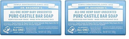 Dr Bronner's 3-in-1 Baby Unscented Pure-Castile Bar Soap, Made with Organic Oils with No Synthetic Fragrances, Used for Face, Body and Hair, Certified Fair Trade & Vegan Friendly, 140g Bar (Pack of 2)