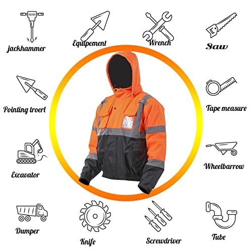 Sesafety Reflective Jacket For Men, High Visibility Jackets For Men, Safety Jackets For Men, Hi Vis Construction Bomber Jackets Waterproof With Pockets And Zipper, Black Bottom, Class 3, Orange, L #TOP5