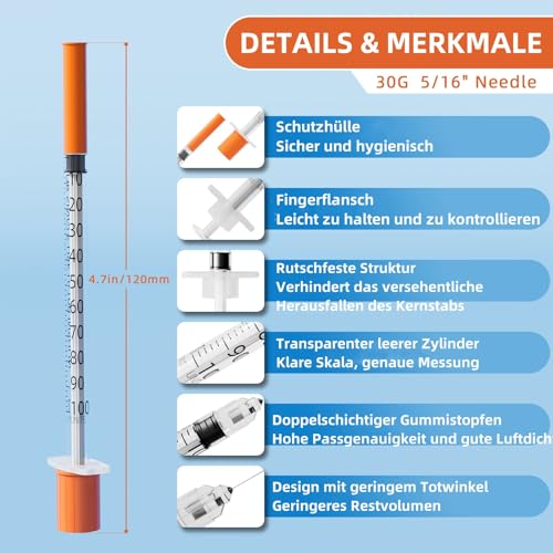 20 Stück 1ml Plastiktube 30G 8mm, Spritze mit Skala einzeln versiegelt für die Flüssigkeitstrennung,Laborzubehör