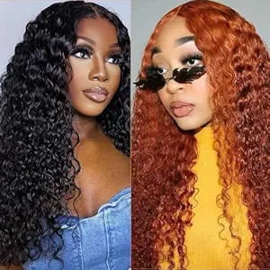 Natural Color 13x6 Deep Wave Lace Front Wigs 24 Inch+Ginger Orange 13x4 Deep Wave Lace Front Wigs 34 Inch
