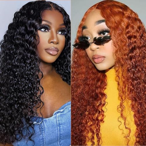 Natural Color 13x6 Deep Wave Lace Front Wigs 24 Inch+Ginger Orange 13x4 Deep Wave Lace Front Wigs 34 Inch