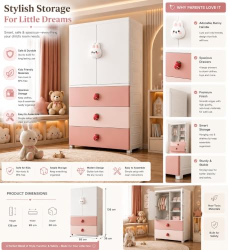 Image of HIWARE Premium Modular Wardrobe for Bedroom, Kids Room and Home | Spacious Clothes Storage Cabinet with Drawers and Shelves | Modern Stylish Design, Heavy Duty, Multiuse Organizer- SJ6514-PINK Rabbit