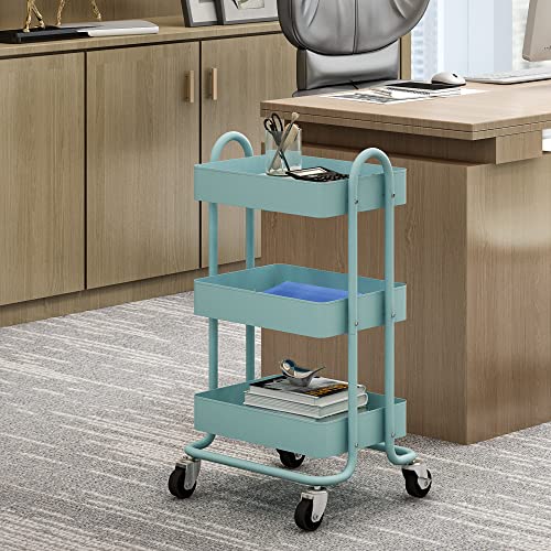 Miocasa 3-Tier Metal Utility Rolling Cart, Heavy Duty Multifunction Cart With Lockable Casters, Easy To Assemble, Suitable For Office, Bathroom, Kitchen, Garden (Blue) #TOP4