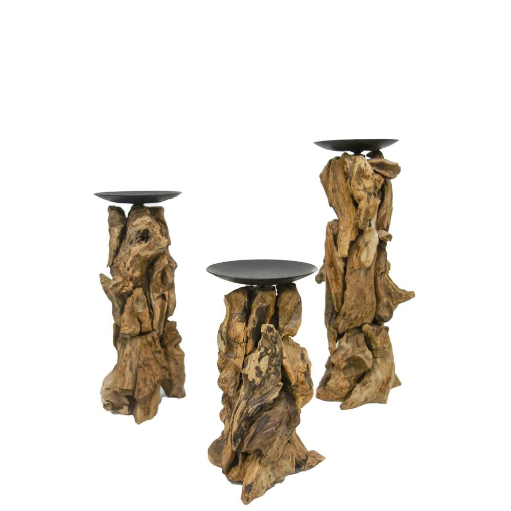 AquaOne Kerzenständer 3er Set I Treibholz Natur Stumpenkerzen Ständer Größe M L XL I Naturholz Rustikal I Holz Möbel Deko I Handarbeit Unikat Wurzel Braun