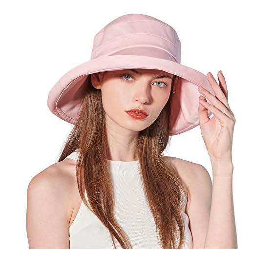 CACUSS Women's UPF 50+ Summer Sun Hats Cotton Bucket Hat Packable Wide Brim with Neck Protection Chin Strap Size M/L