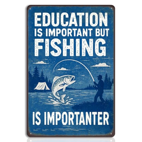 Fishing Wall Decor Tin Sign – Vintage Fish Decor for Boys Room, Cabin, or Lake House – Funny Gone Fishing Sign Metal Wall Art for Home or Boat – 8x12 Inch Fishing Poster Lake Sign Gift