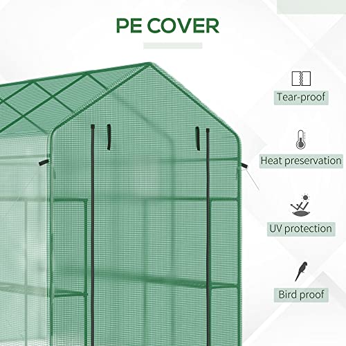 Outsunny 7' X 5' X 6' 2-Tier Shelf Greenhouse With Mesh Door & Windows, Trellis, Plant Labels, Pe Cover, Steel Frame For Outdoor Garden Plant & Plant Use, Green #TOP3
