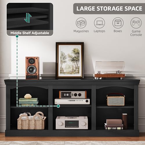 YITAHOME Farmhouse TV Stand with Cord Management for 75/80 Inch TV, Entertainment Center with Adjustable Shelf & Open Storage, 70" TV Console Table for Living Room (Black)