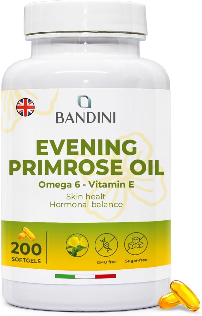 Bandini® Evening Primrose Oil 200 Softgel Capsules 2000mg – Antioxidant for Skin, Hair, and Nails – Helpful for Hormone Balance, Menopause, and Menstrual Cycle Disorders – Vegan, Non-GMO Supplement