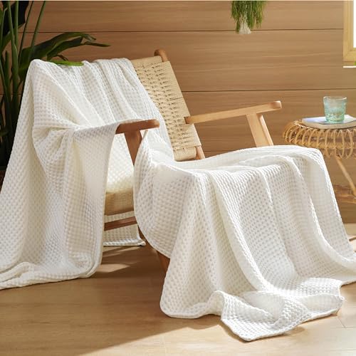 Bedsure 100% Cotton Throw Blanket for Spring Summer, Ultra Soft Waffle Weave Ivory Blanket for Couch Sofa Chair, Thin Lightweight Breathable Bedding Gifts for Women, Men, Teens, 50"x70"