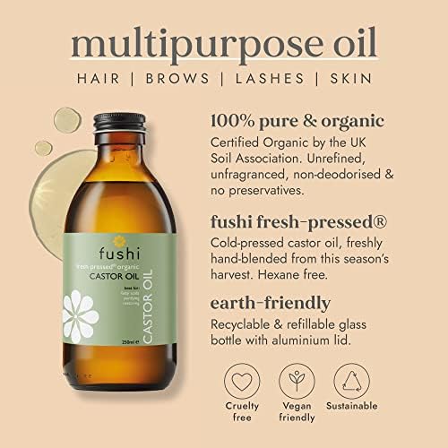 Fushi Organic Castor Oil - 250ml 100% Pure Cold & Fresh-Pressed For Dry Skin & Hair Growth, Eyelashes & Eyebrows Hexane Free Food-grade for inner health Sustainably Sourced