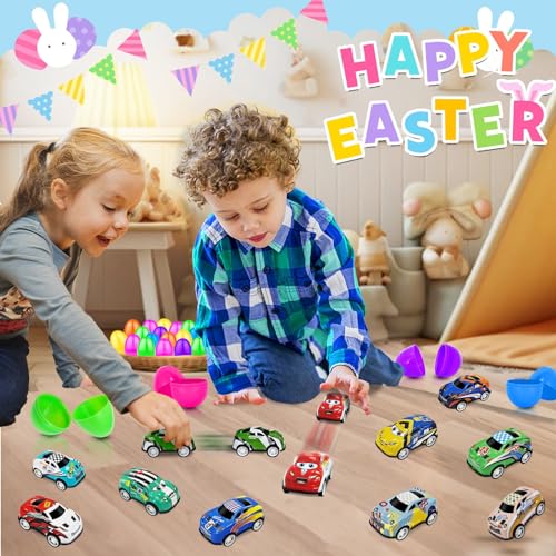 24 Pack Prefilled Easter Eggs with Pull Back Cars, Easter Basket Stuffers Toys Colorful Racing Vehicle for Kids Boys Toddlers Basket Stuffers Filler Surprise Egg Hunt Party Favor Classroom Prize by AMENON - Image 3
