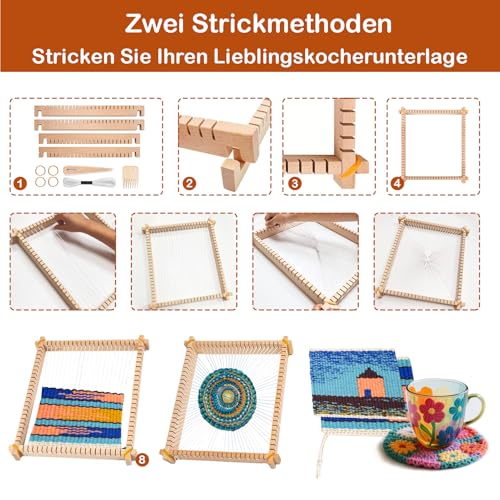 LYKTRIX Kinder-Webrahmen Holz-Webstuhl-Set,Webrahmen für Kinder 4-12 Jahre, mit 13-teiligem Zubehör (Garn, Nadel, Webkamm) zum Weben von runden/quadratischen Wandteppichen & Untersetzern