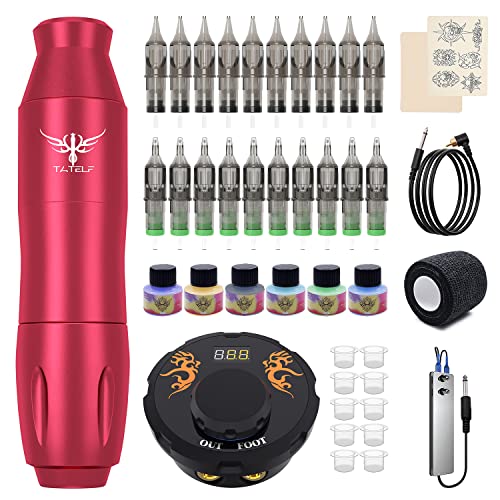 TATELF G12 Tattoo Kit Rotary Tattoo Machine Gun Kit Power Supply Foot Pedal 20pcs Cartridge needles 6 Colors ink for Beginners Artists(Red)