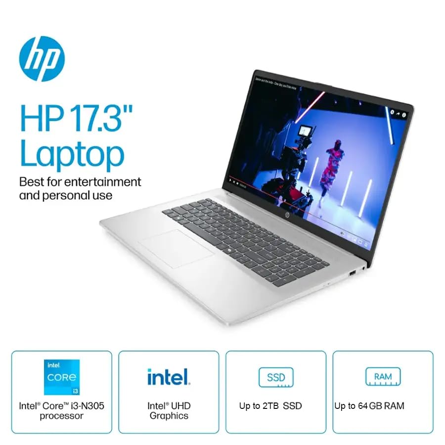 Image of HP 17.3 inch HD+ Laptop for Business and Students - with Office Lifetime License, Intel 8 Core i3 Processor, 250 Nits IPS Anti-Glare Display, Fast Charge, AI Copilot, Win 11 Pro (16GB RAM | 512GB SSD)