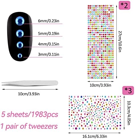 Gems for Crafts - Vaktop 1983PCS Gem Stickers with Tweezer, Self Adhesive Stick on Gems, Multicoloured Rhinestone Stickers - for Nails, Eyes, Makeup, DIY Phones, Cards, Crafts (3-6mm, 5 Sheets)