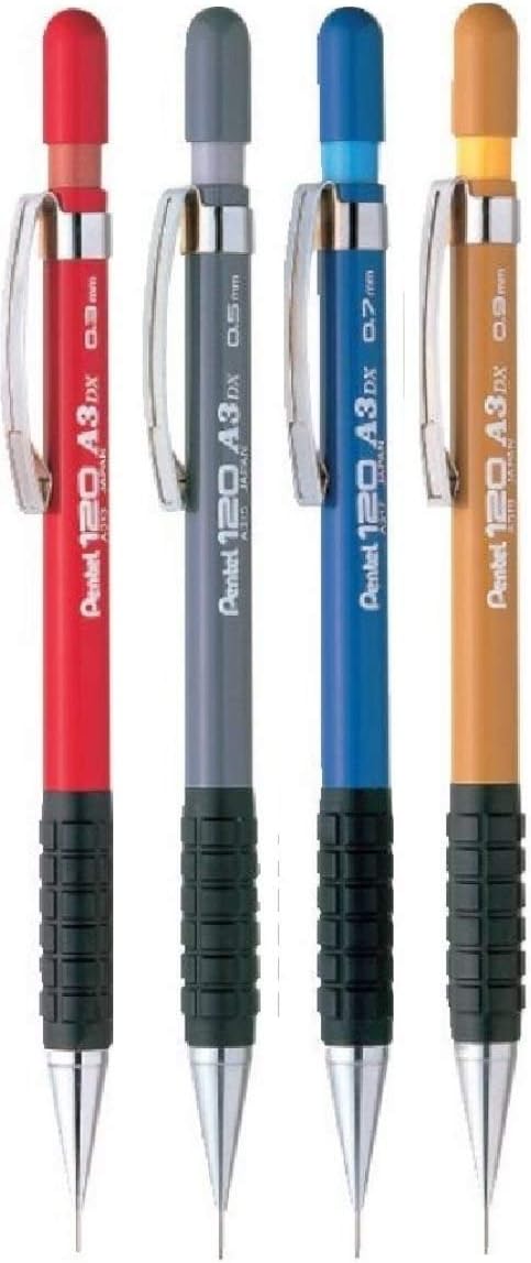 Assorted Size Pack 120 DX Automatic Mechanical Pencil Refillable Lead Capped Metal Clip Rubber Grip (1 Of Each Size - 4 Pens - 0.3mm, 0.5mm, 0.7mm, 0.9mm)