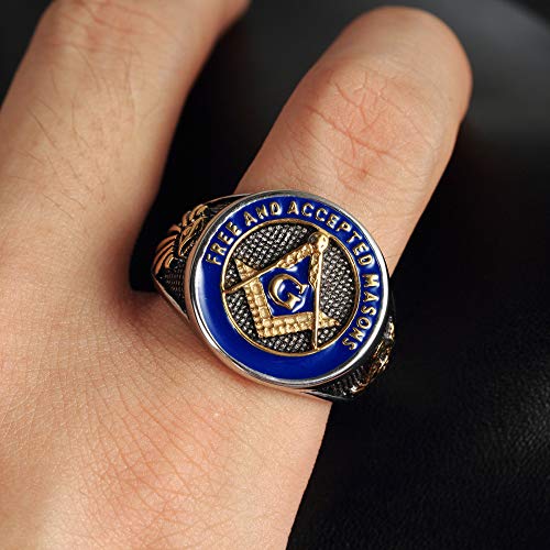 Ifuaqz Men's Stainless Steel Masonic Freemason Rings Gold Blue Free And Accepted Masons Symbol Signet Band Size 10 #TOP1