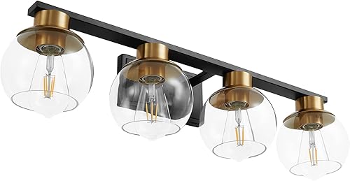PAZALA Lámpara de baño de oro negro sobre el espejo, 4 luces, lámpara de tocador de pared con pantalla de vidrio de globo, base E26, perfecto para
