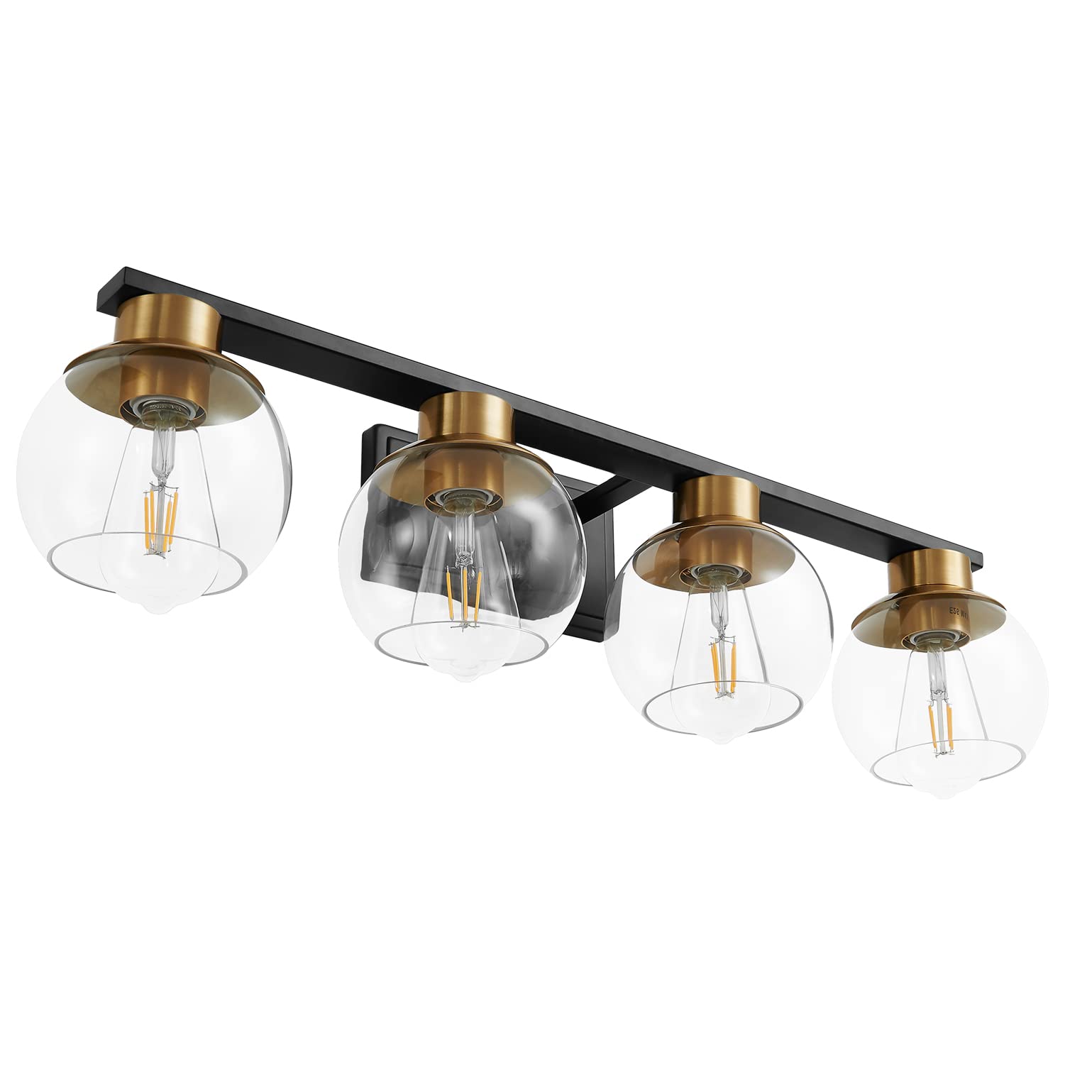 pazala black and gold vanity light for bathroom mid century modern wall light fixtures over mirror with clear globe glass shade (4 lights-exclude bulb)
