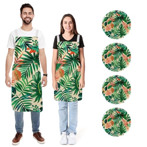 Tabliers de cuisine anti taches imperméables à poches motif végétal exotique lot de 2
