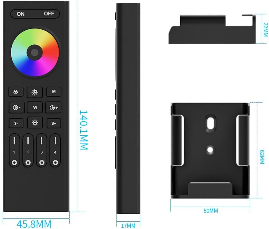 Dimensions of the RC03RFB remote control and its wall mount