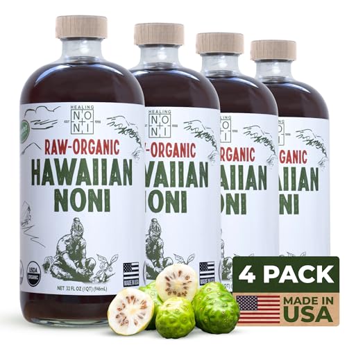 healing noni - 4-pack glass bottle 32oz - hawaiian sparkling raw organic juice - all-natural unsweetened fresh fruit - farm direct