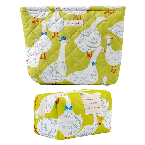uekeboag 2Pcs Cute Quilted Cotton Makeup Bag, Coquette Quilted Aesthetic Cosmetic Zipper Pouch for Women and Girls,Kawaii Travel Toiletry Bag(04Duck)