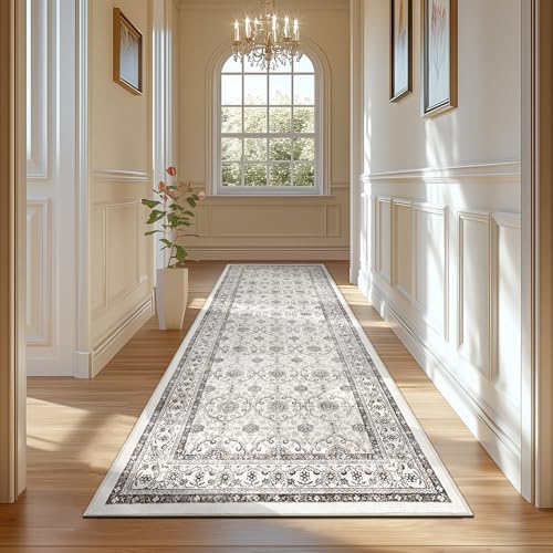 jinchan Hallway Runner Rug 3x8 - Machine Washable Beige Vintage Floral Distressed Design Soft Non-Slip Low-Pile Ultra-Thin Runner Rug for Kitchen Laundry Room Bedroom Farmhouse (3x8',Beige)