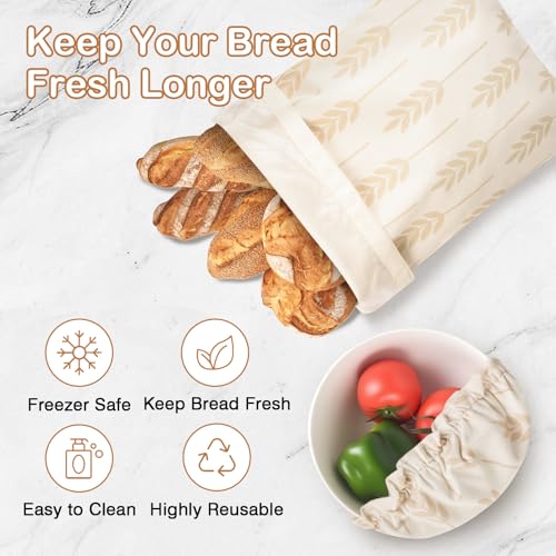 LAKE OF FIRE 16.9\"x12.6\" Reusable Bread Storage Bags for Homemade Bread with Reusable 2 Bowl Covers,Large Sourdough Bread Bags Storage Box Food Cloth Bag(Beige + Wheat)