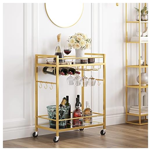 TUTOTAK Bar Cart, Serving Cart for Home, Microwave Cart, Drink Cart, Mobile Kitchen Shelf with Wine Rack and Glass Holder, Rolling Beverage Cart, Gold BC01BB031