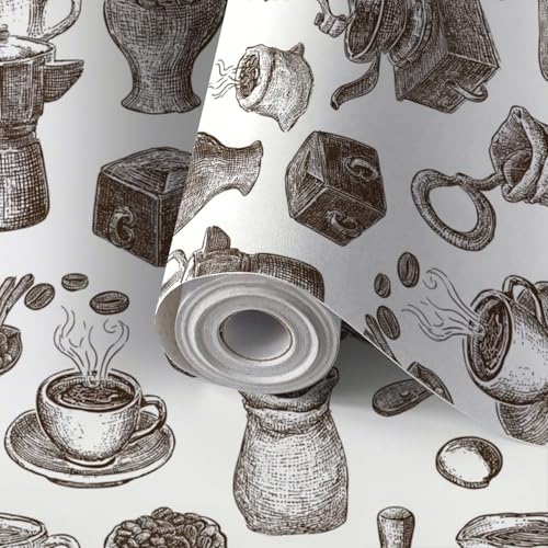 Peel and Stick Wallpaper Self Adhesive Wall Mural Vintage Coffee Collection Beans Cups Brewing Tools Detailed Contact Paper Renter Friendly Wallpaper for Kitchen Nursery Bedroom 24