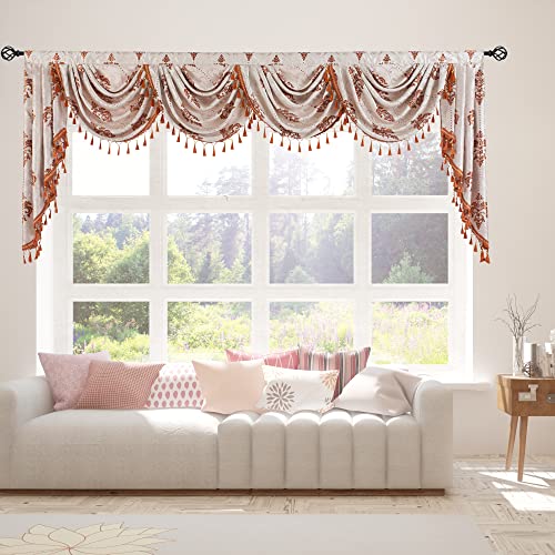 Jade Poke Jacquard Waterfall Window Valance For Living Room Pink Floral Swag Valance For Children's Room - Damask Rod Pocket Valance For Windows (1 Panel, W110 Inch) #TOP6