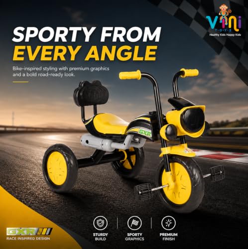 Image of GXR Tricycle for Kids 2 to 5 Years | Baby Cycle 2 to 5 Years | Baby Tricycle & 3 Wheeler Cycle for Kids with LED Headlight, Rhyme Music, EVA Wheels, Backrest & Steel Frame (Yellow)