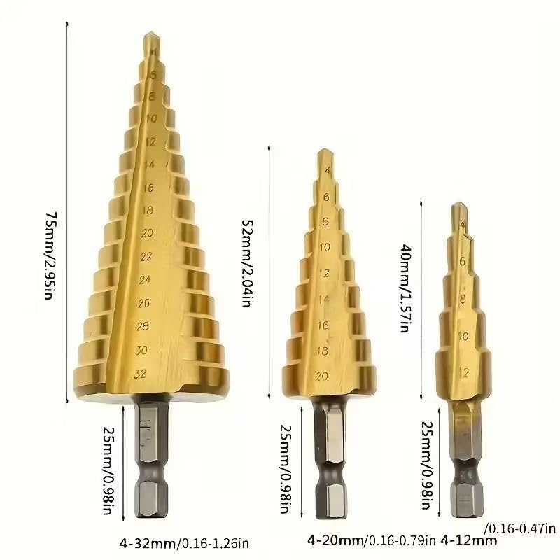 3Pcs Step Drill Bit Set, HSS Titanium Coated, 1/4" Hex Shank Quick Change, Short Length Drill Bits for Metal, Plastic, Sheet Metal (3-12mm, 4-12mm, 4-20mm)