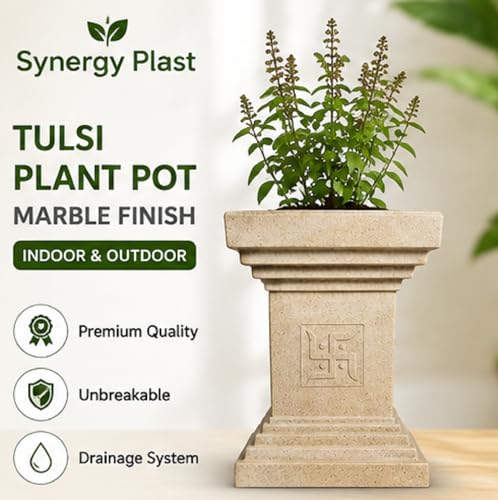 Image of Synergy Plast Tulsi Plant Pot for Indoor Outdoor Use (Sandstone) | Marble Finish Fiber Planter with Drainage Hole | Decorative Tulsi Gamla for Home Balcony Garden Terrace | Size:- 12X12X16 Inches