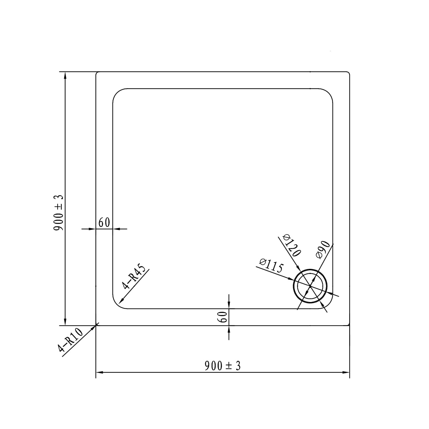 Brodzik prysznicowy 90 x 90 x 4 cm, ekstra płaski, 40 mm, prostokątny, biały, prostokątny
