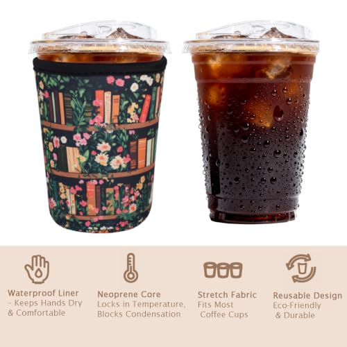 Image of Reusable Insulated Sleeve for Iced Coffee Cup, 3-Pack Coffee Neoprene Drink Sleeve for Cold & Hot Drinks, Beverage Holder for Iced Coffee (Bookish Blooms)
