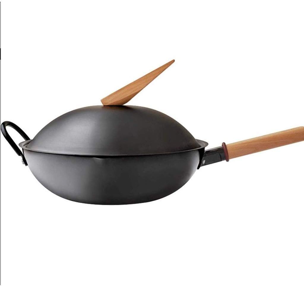 Niepowlekany wok - żeliwny wok ręcznie robione woki i patelnie do smażenia z drewnianym uchwytem okrągły spód nieprzywierający garnek kuchenny trwały do kuchni do domu