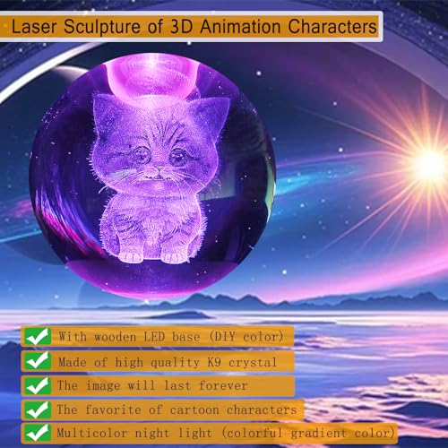 Image of 3D Kitten Crystal Ball 3.15 inch / LED Gradient Color Wooden USB Switch Base /Cat-Themed Couple Gift /Birthday,Christmas Gifts for Women