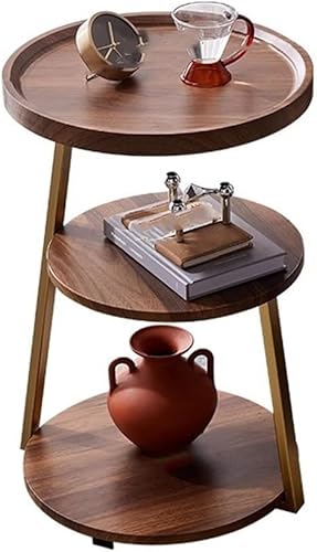 Moderna mesa auxiliar redonda de madera de 3 niveles, mesa de centro redonda vintage con marco de metal, mesa de centro pequeña para sala de estar,