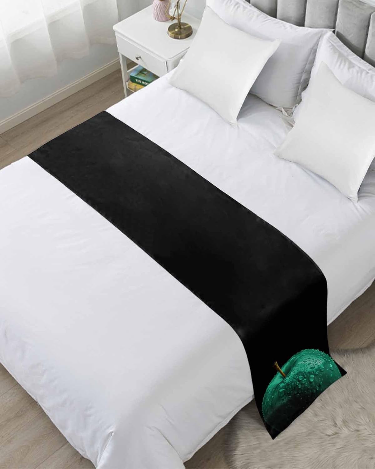 Green Fruit Bed Runner Scarf Full Queen Size, Modern Minimalist Decor Black Background Luxury Bed Throw Runners & Scarves for Twin Full Queen King Foot of Bed, Bedroom Hotel Decoration, 83"x20"