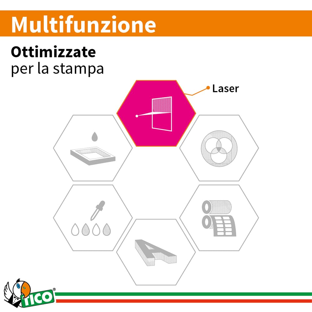 Tico Italia LP4P-210297 Etichette adesive bianche resistenti in poliestere, 70 fogli A4, rettangolari 210x297mm, 1 etichette per foglio, adesivo permanente, stampanti laser