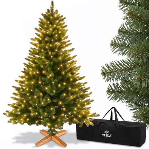 Premium Weihnachtsbaum künstlich 180cm - mit Holzständer, Nordmanntanne, Künstlicher Tannenbaum, Naturgetreu, dichte Zweige (180 cm mit LED)
