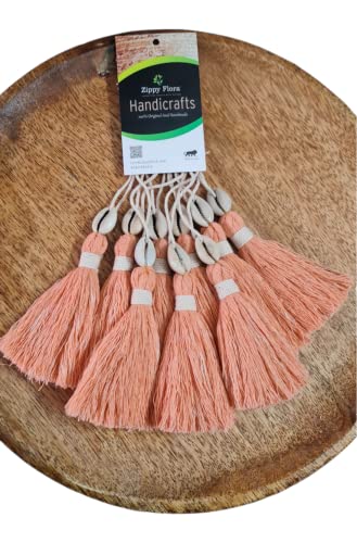 Image of Zippy Flora Handmade Cotton Tassels with Cowrie Shells for DIY & Crafts Project, Pack of 10 (Peach)