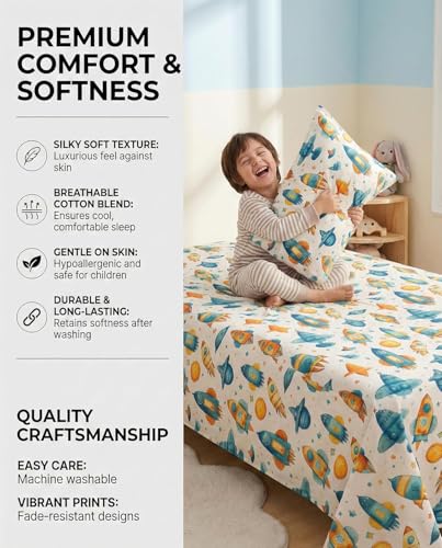 Image of RD FABS Glace Cotton Wrinkle Free Soft Hypoallergenic Single Bed Sheet with 1 Pillow Cover | Cartoon Printed Rocket Design for Boys & Girls Room | 60x90 Inches | White | 144 TC