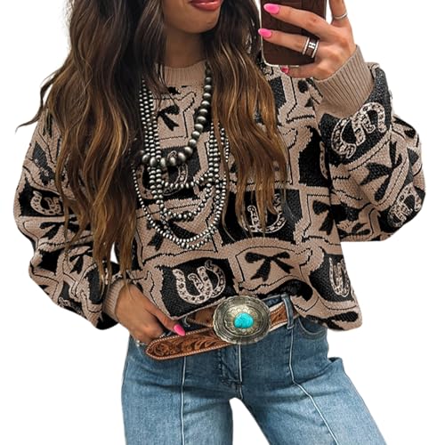 Western Pullover Sweaters for Women Fall Crewneck Knitted Sweater Drop Shoulder Ribbed Long Sleeve Knit Top