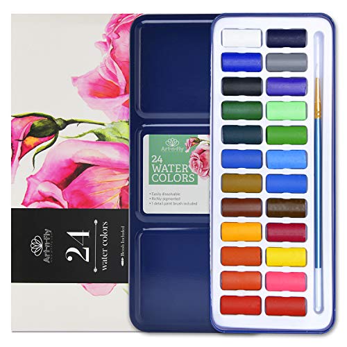 24 Watercolor Paint Set Light Portable Water Colors with Brush Paint - Great for Travel
